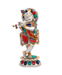 Handmade brass Shri Krishna statue with jeweled crown and blue/red attire, 13 in