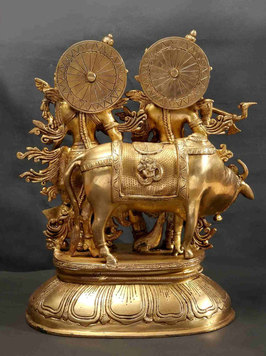 Brass Statue of Standing Radha Madhav (Krishna) with Cow 16 Inches