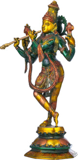 Handcrafted brass Krishna statue, green-gold attire with multiple arms holding objects