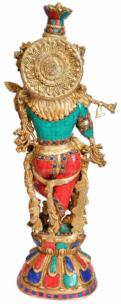 Lord Krishna brass figurine side view, ornate halo and multicolor garments, 24 in