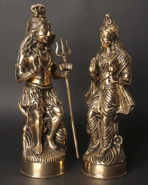 Standing Shiva Parvati Idol in Blessing Gesture | Set of Two Brass Statues 12 Inches