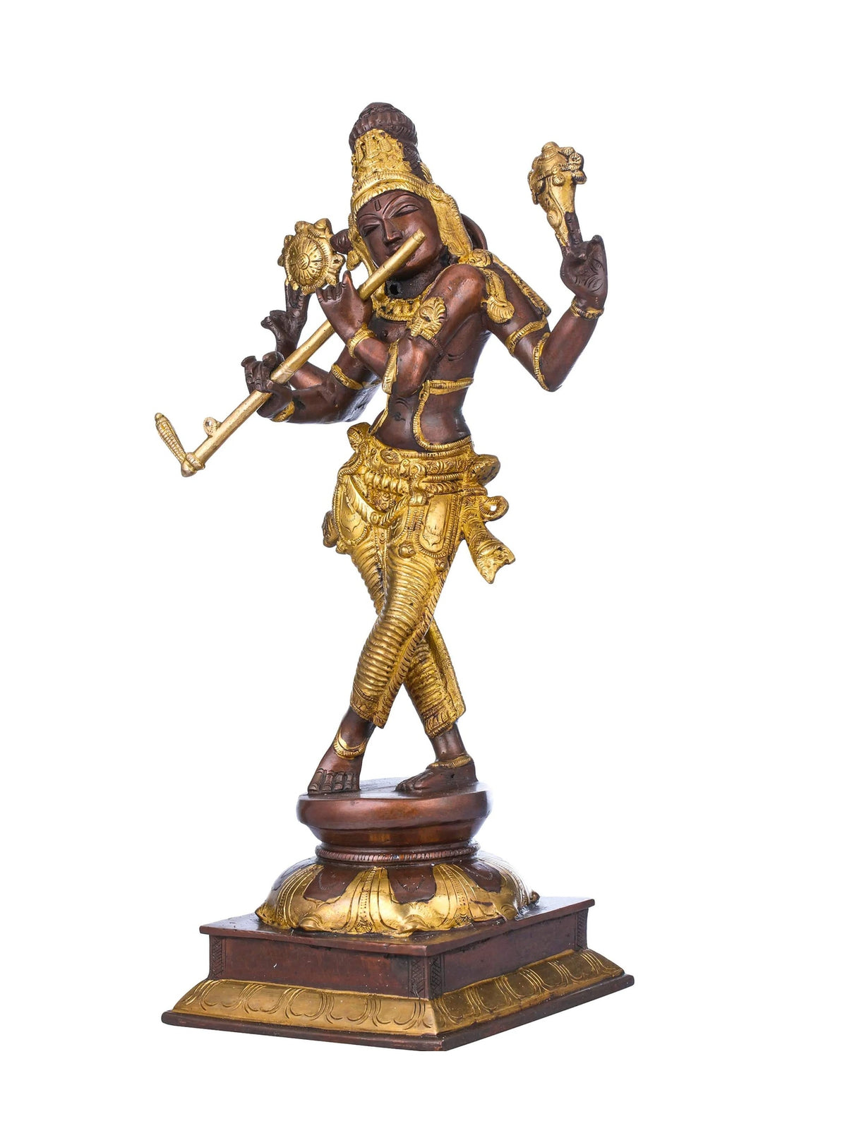 Handmade brass Krishna cosmic form statue, brown and gold attire, raised sword and trident, 14 in