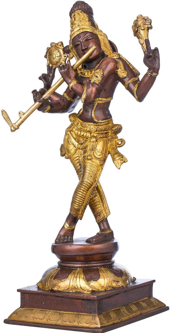 Handmade Brown Gold Brass Statue Depicting Lord Krishna's Cosmic Form, the Eighth Incarnation of Vishnu 14 inches