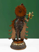 Brass Lord Krishna statue from back, playing flute with ornate back panel, 13 in
