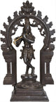 Handmade Indian cocoa Brass Statue of Murali Krishna Before a Floral Aureole, with Kirtimukha 13 INCHES