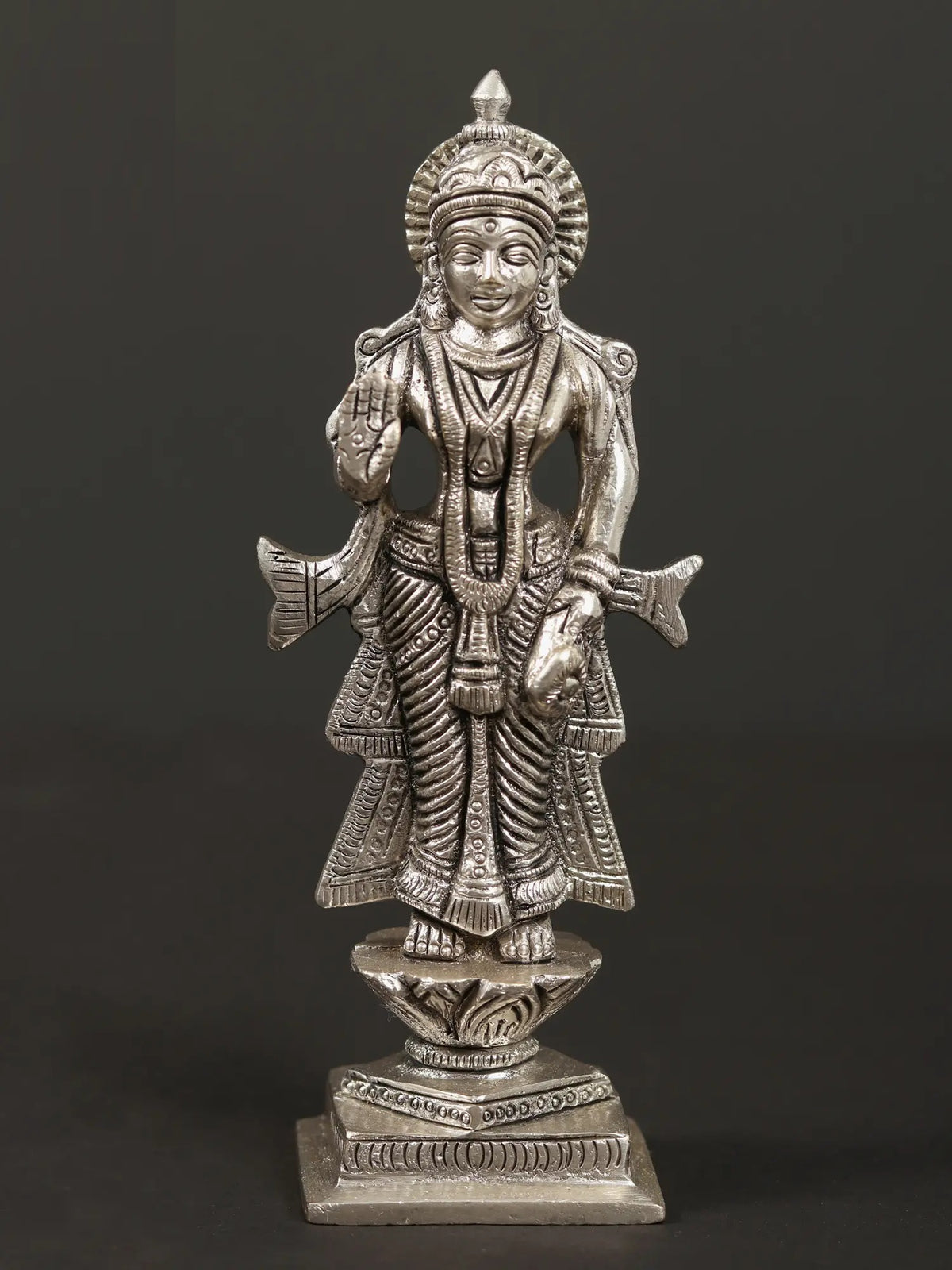 Small 5-inch Radha Ji statue, silver brass metal, standing with jeweled hands