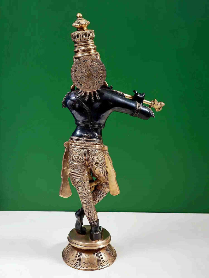 Handmade Black and Gold Brass Statue of Shri Krishna Playing His Flute 23 Inches