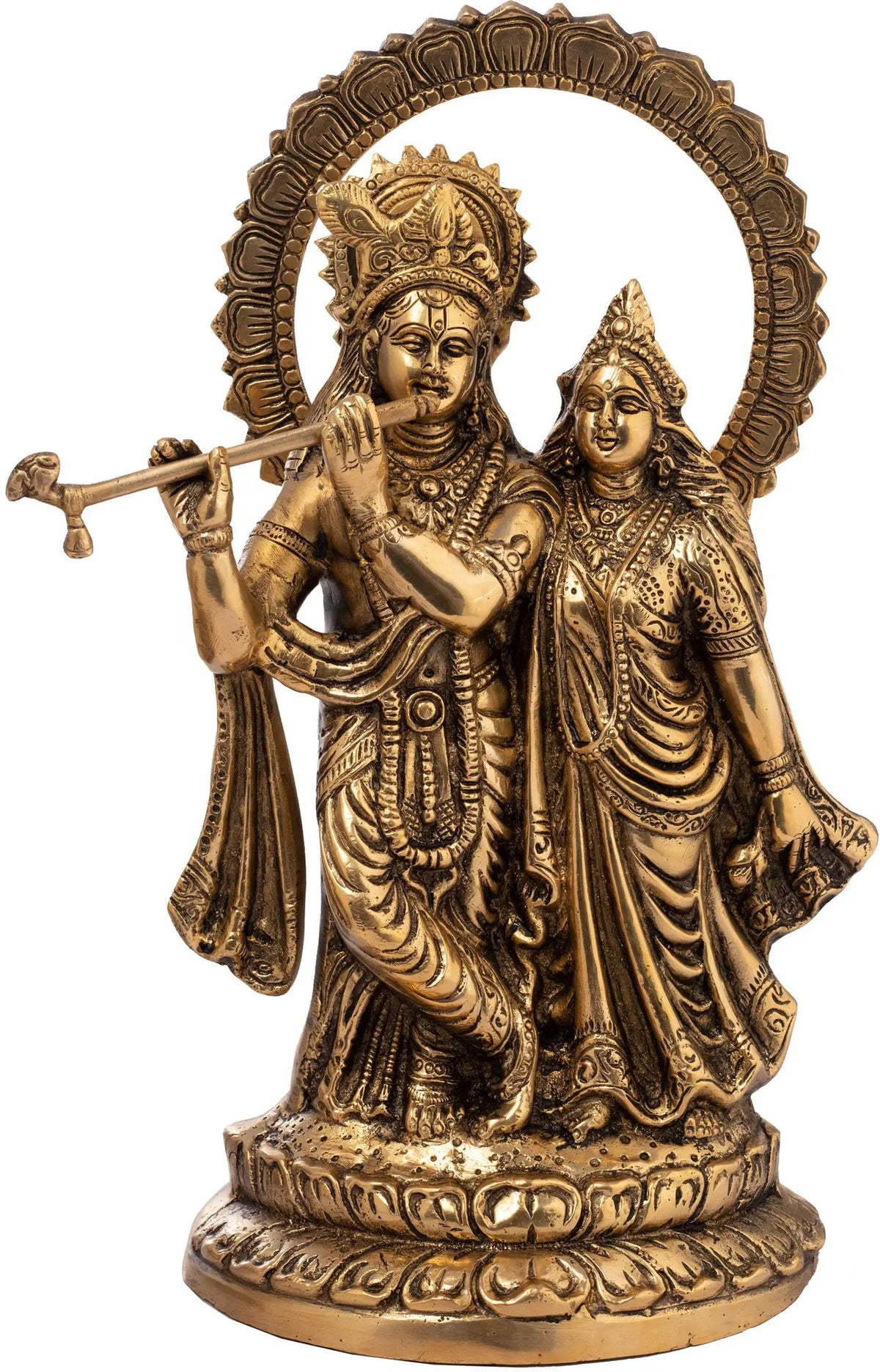 Natural brass Radha-Krishna idol with lotus-studded aureole and Krishna holding flute