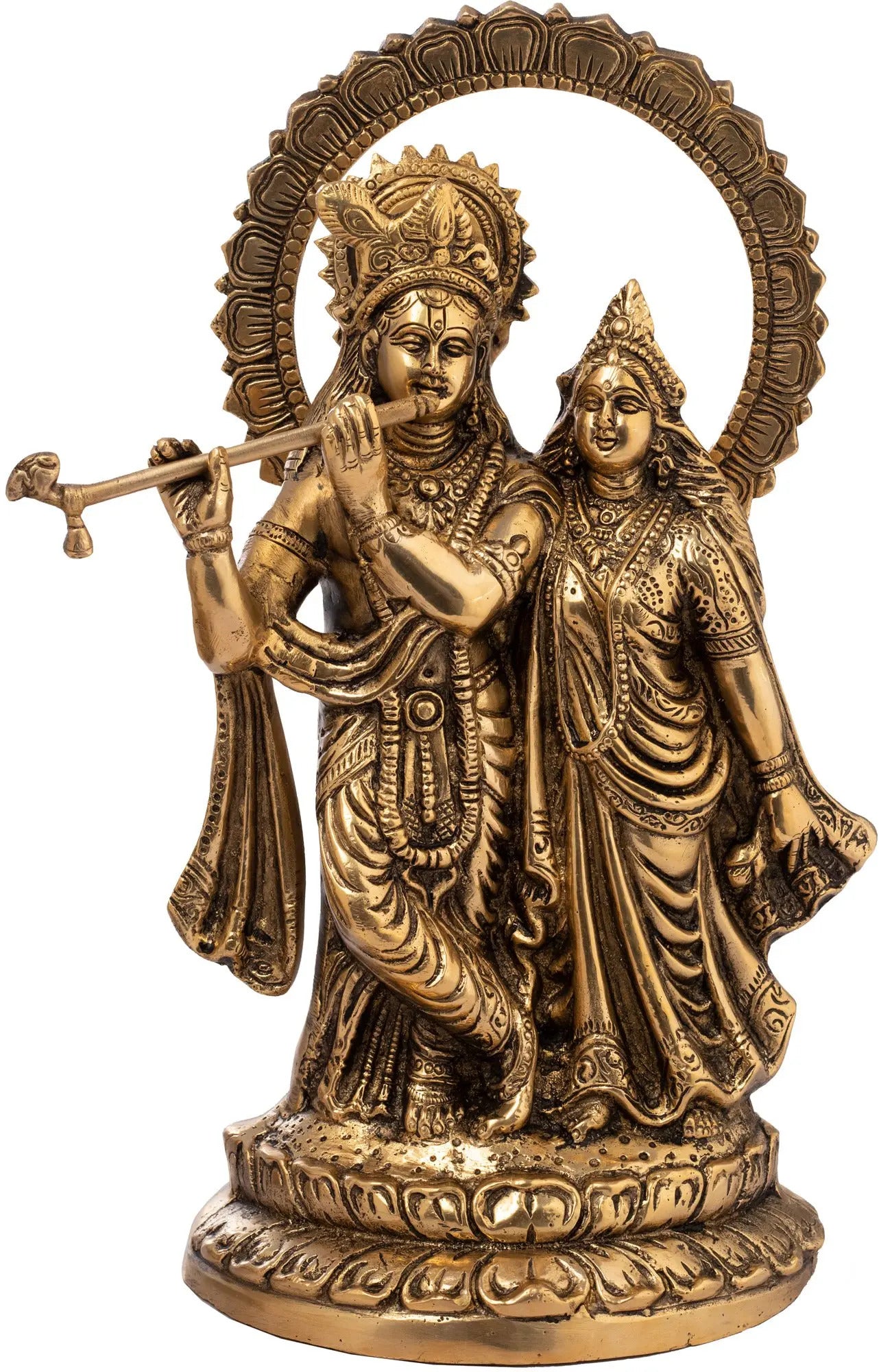 Natural Brass Radha-Krishna Idol with Lotus-studded Aureole 13 Inches