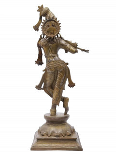 Side view Krishna playing flute brass statue with ornate crown and detailed outfit