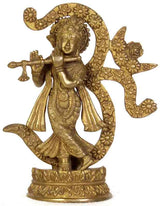 Natural brass Krishna statue playing flute, ornate details and standing pose