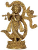 Handmade Natural Brass Statue of Krishna Playing the Flute Against an Om Backdrop 8 Inches