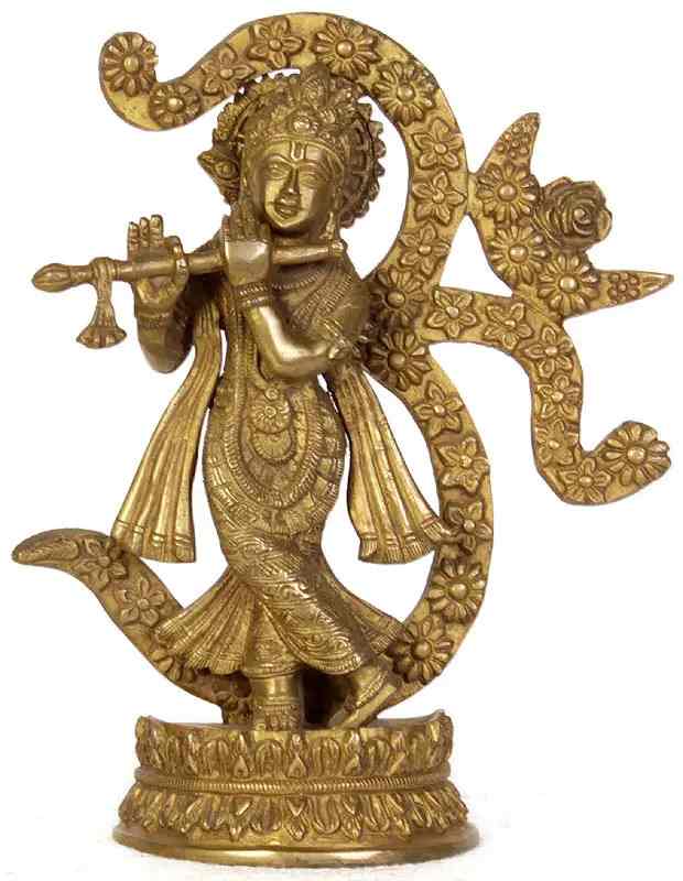 Handmade Natural Brass Statue of Krishna Playing the Flute Against an Om Backdrop 8 Inches