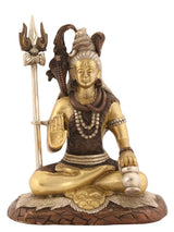 Seated Lord Shiva brass sculpture with trident, detailed beads and coiled hair