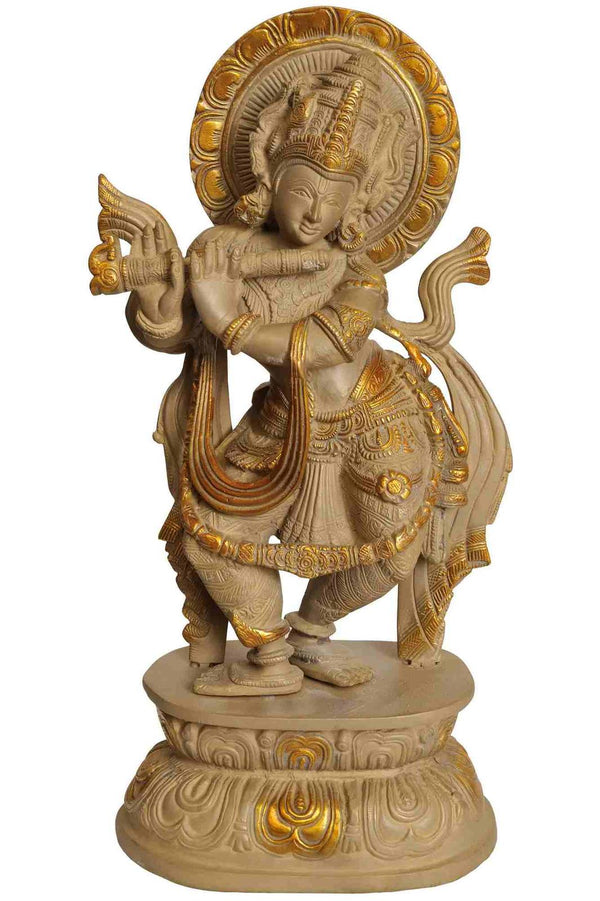 Brass Statue of Lord Krishna Playing the Flute 16 Inches