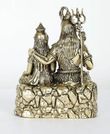 Brass Shiva-Parvati seated statue side view with raised hair and detailed ornaments