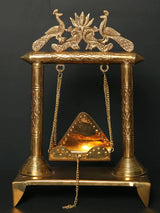 Brass jhoola with lotus and peacock design, hanging chain, cradle swing, 28 cm