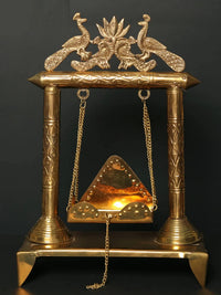 Brass jhoola with lotus and peacock design, hanging chain, cradle swing, 28 cm