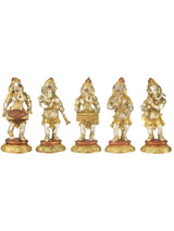 Brass set of 5 musical Ganesha figurines, 8 in tall, front views