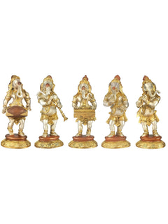 Brass set of 5 musical Ganesha figurines, 8 in tall, front views