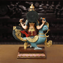 Brass Saraswati back view sculpture, seated on blue fish with raised disc