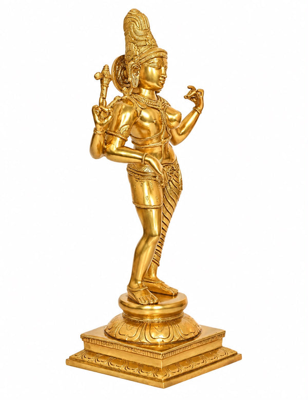 Brass Shiva and Parvati Ardhanrishvara Murti Religious Statue for Home Temple Decor (golden) (Height :15 inch) Study Setting