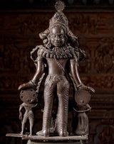 Brass Vaikuntha Vishnu statue: full figure with crown, side arms, and two small attendants