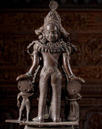 Brass Vaikuntha Vishnu statue: full figure with crown, side arms, and two small attendants