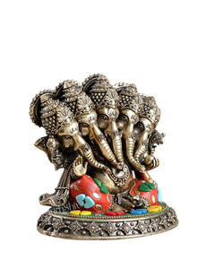 Five-faced Ganesha idol in brass with red-and-green meenakari accents and detailed head