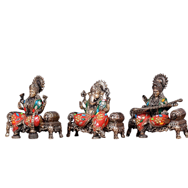 Superfine Brass Intricate Ganesha, Saraswati & Lakshmi Idol – Divine Trio Sculpture for Prosperity, Wisdom & Success (Height :5.5 Inches) Entryway Setting