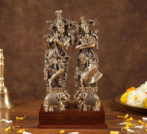 Brass Radha Krishna with Elephant on wooden base superfine finish Murti (Height :11.5 Inches)