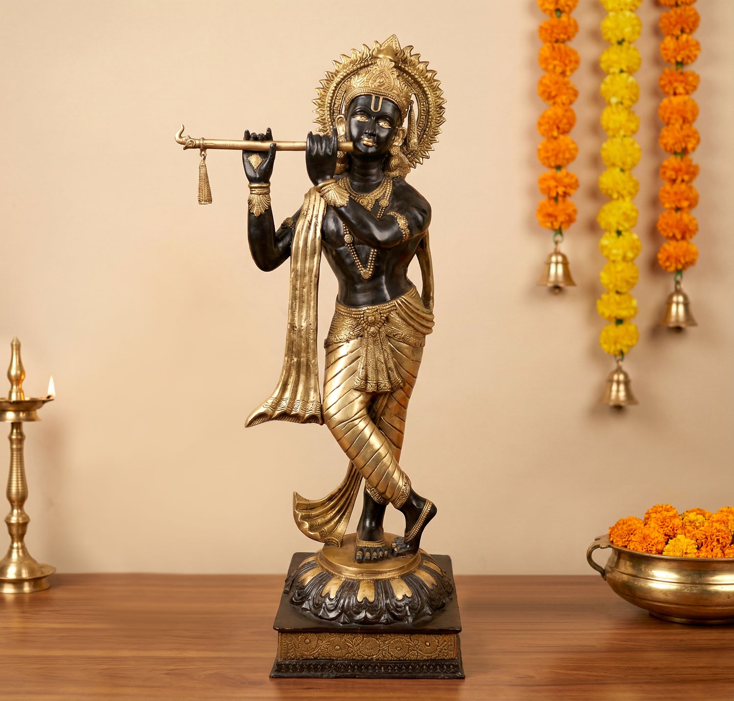 AONA Brass Imposing Lord Murli Krishna, adorned with a long, flowing scarf Idol