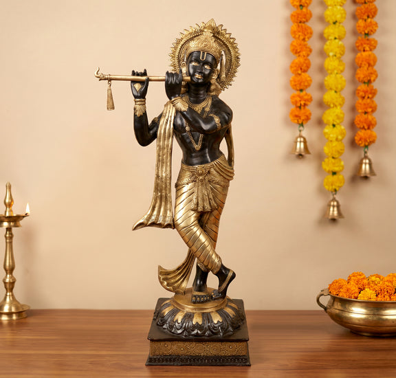 AONA Brass Imposing Lord Murli Krishna, adorned with a long, flowing scarf Idol