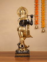 Lord Murli Krishna brass idol, back view with ornate crown and held flute