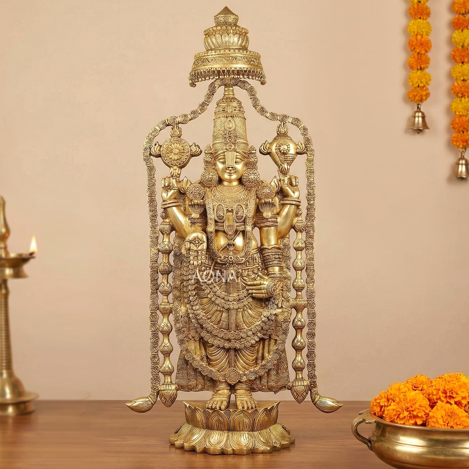 Brass Large Size Balaji standing gracefully with garland and umbrella Idol (Height: 57.5 Inches)