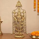 Brass Balaji idol standing with garland and umbrella, ornate crown and halo