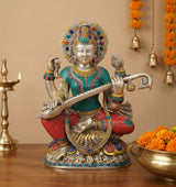 Brass Saraswati idol playing veena, seated, colorful mosaic dress, 16.5 in