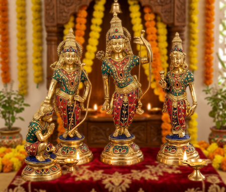 Brass Ram Darbar Statue Shree Ram Ji Sita ji Laxman Hanuman Home Puja Bhagwan Idol Murti for Mandir Temple (Height:16 Inches)
