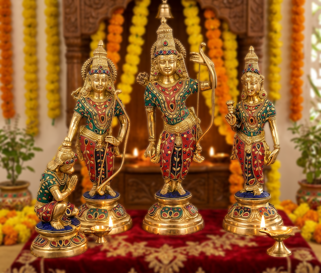Brass Ram Darbar idol set with four figures: Ram holding bow, Sita, Laxman, Hanuman