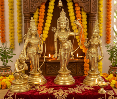 Golden brass Lord Ram darbar statue with four seated/standing figures and archery bow