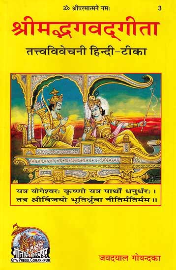श्रीमद्भगवद् गीता कवर: सुनहरा शीर्षक, रंगीन धार्मिक चित्र, हिन्दी-टीका