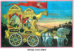 गीतापदेश भावार्थ श्रीकृष्ण रथ पर, घोड़े और शंखध्वनि दृश्य