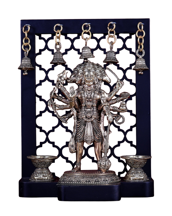 Superfine Brass Panchmukhi Hanuman on Temple Frame with Diyas & Bells (Height :12 Inches)