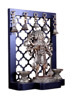 Side view: brass Panchmukhi Hanuman idol on temple frame with bell set and diya lamps