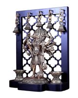 Ornate brass Panchmukhi Hanuman figure on temple frame, holding items, with four diya bowls