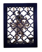 Brass Panchmukhi Hanuman idol on blue temple frame with hanging bells and diya holders