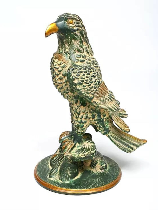 Brass Eagle statue showpiece, green and gold bird with orange beak, 34.5 cm tall