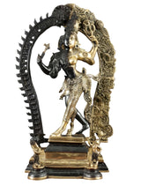 Brass dancing Ardhanarishvara sculpture with ornate arch, two-faced deity, raised hands