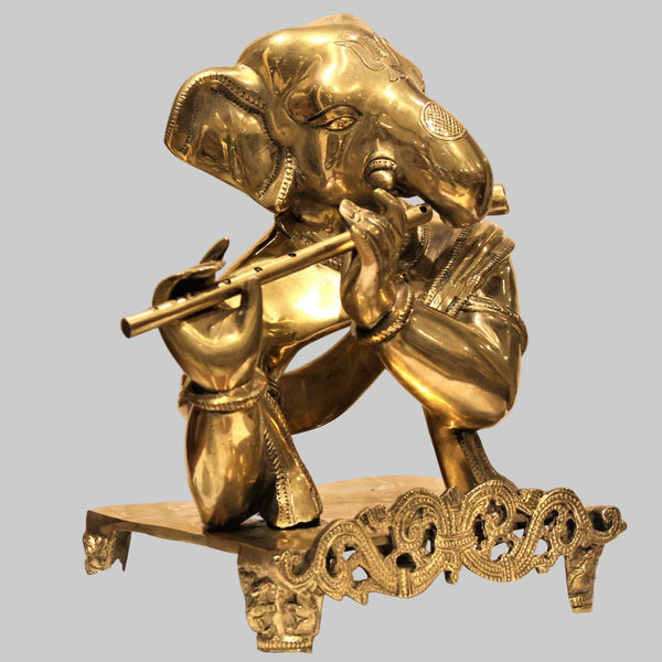 Brass Flute-Playing Ganesha Statue | Antique Finish Home Decor Showpiece (Height: 11 Inches) Entryway Setting