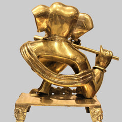 Brass Flute-Playing Ganesha Statue | Antique Finish Home Decor Showpiece (Height: 11 Inches)